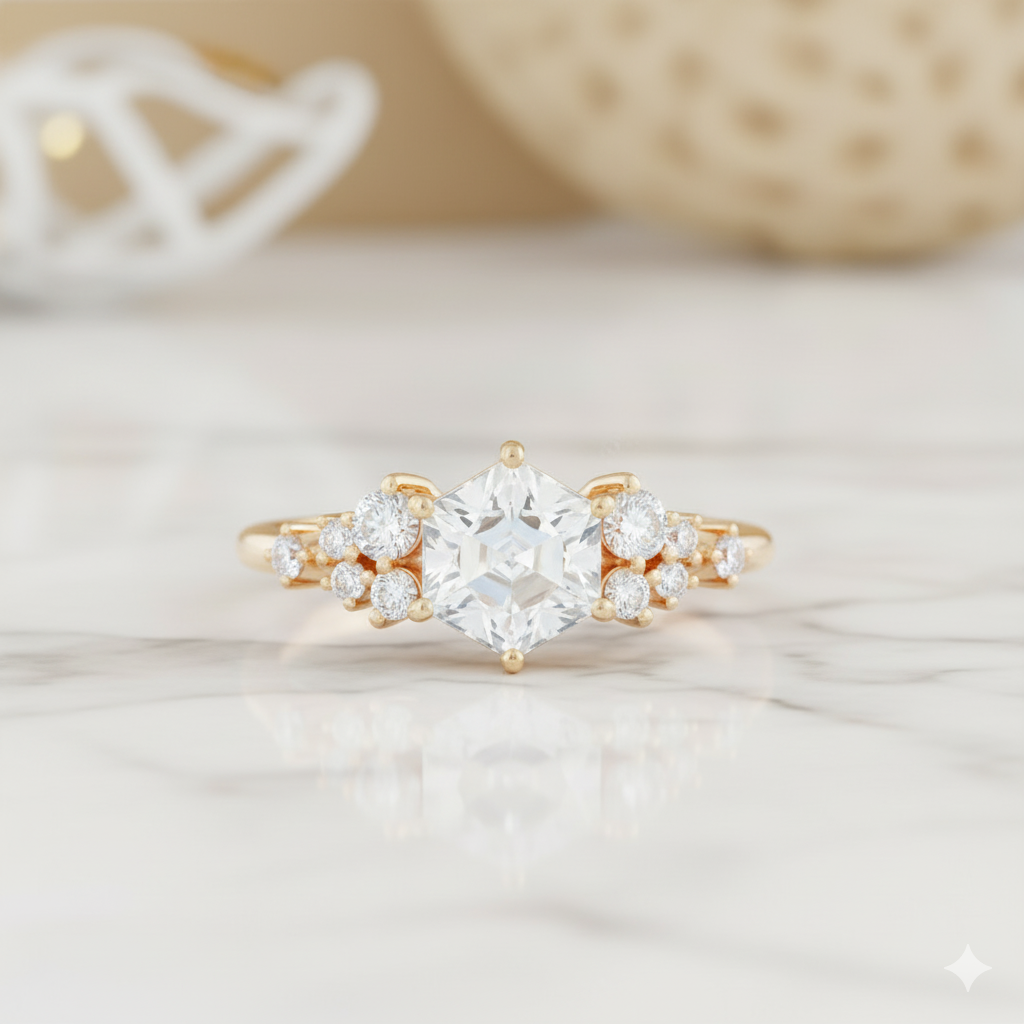 1.200CT Vintage Hexagon Cut Center Stone • Diamond Cluster Bridal Ring