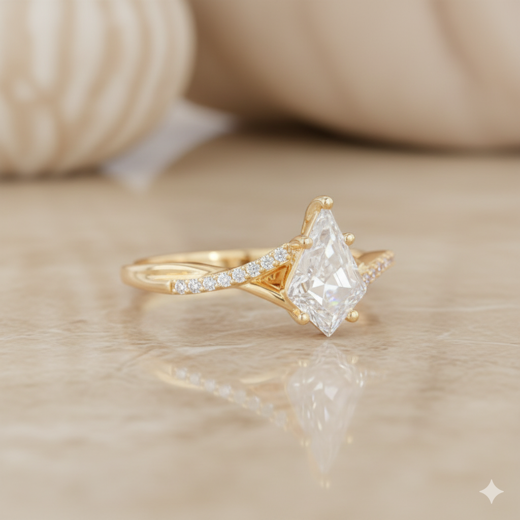 1.330ct Kite Shaped Moissanite Engagement Ring • Unique Twist Split Shank Ring