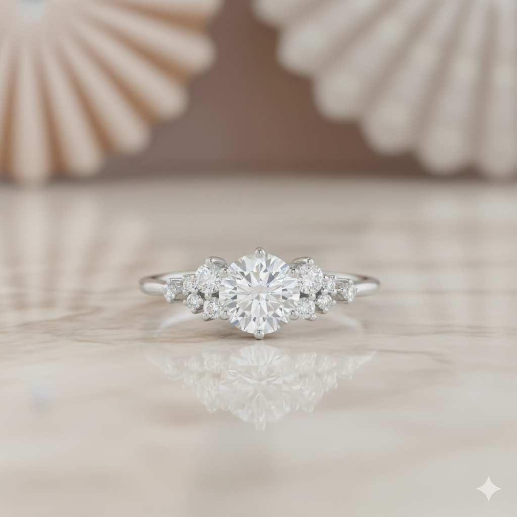 1.20 ct Round Moissanite Cluster Engagement Ring 14K Yellow Gold