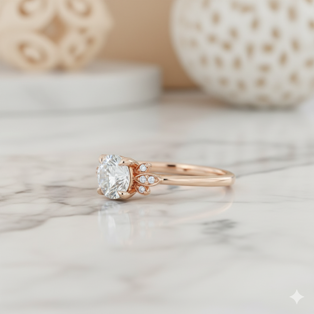 1.04ct Vintage Moissanite Engagement Ring • 14K Rose Gold Leaf Diamond Cluster