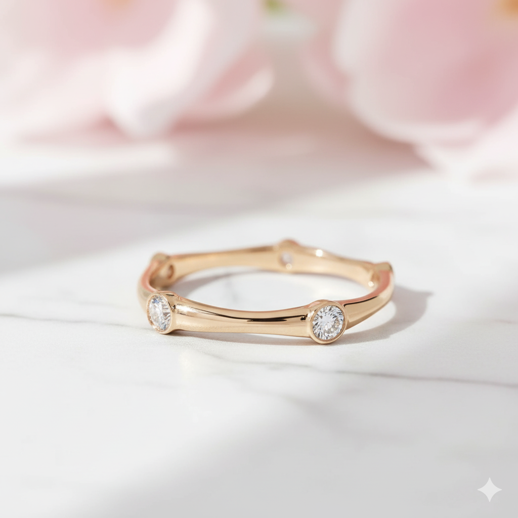 Moissanite Stacking Ring • Solid Gold Bezel Set Band for Women