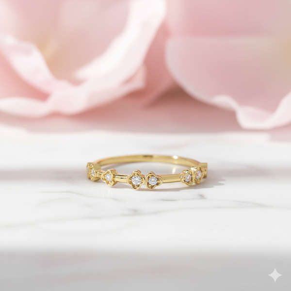 Dainty Moissanite Stackable Ring, 14K Solid Yellow Gold Minimalist Vintage Band