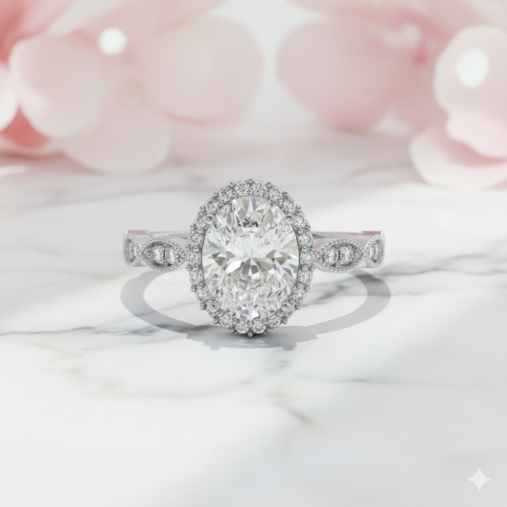 1.450ct Art Deco Oval Cut Halo Moissanite Engagement Ring 14K Solid Gold