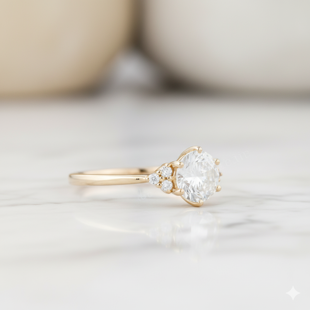 1.06ct Round Cut Moissanite  Cluster Engagement Ring 14K Solid Yellow Gold