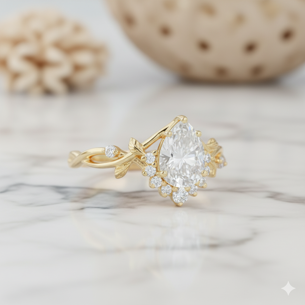 1.390ct Pear Moissanite Leaf Engagement Ring 14K Rose Gold Nature-Inspired Moissanite Ring