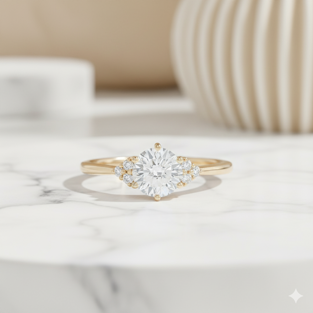 1.06ct Round Cut Moissanite  Cluster Engagement Ring 14K Solid Yellow Gold