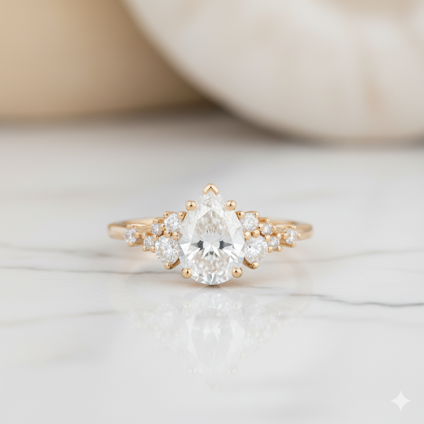 1.450ct Pear Shaped Moissanite Engagement Ring • Vintage Yellow Gold Cluster Ring