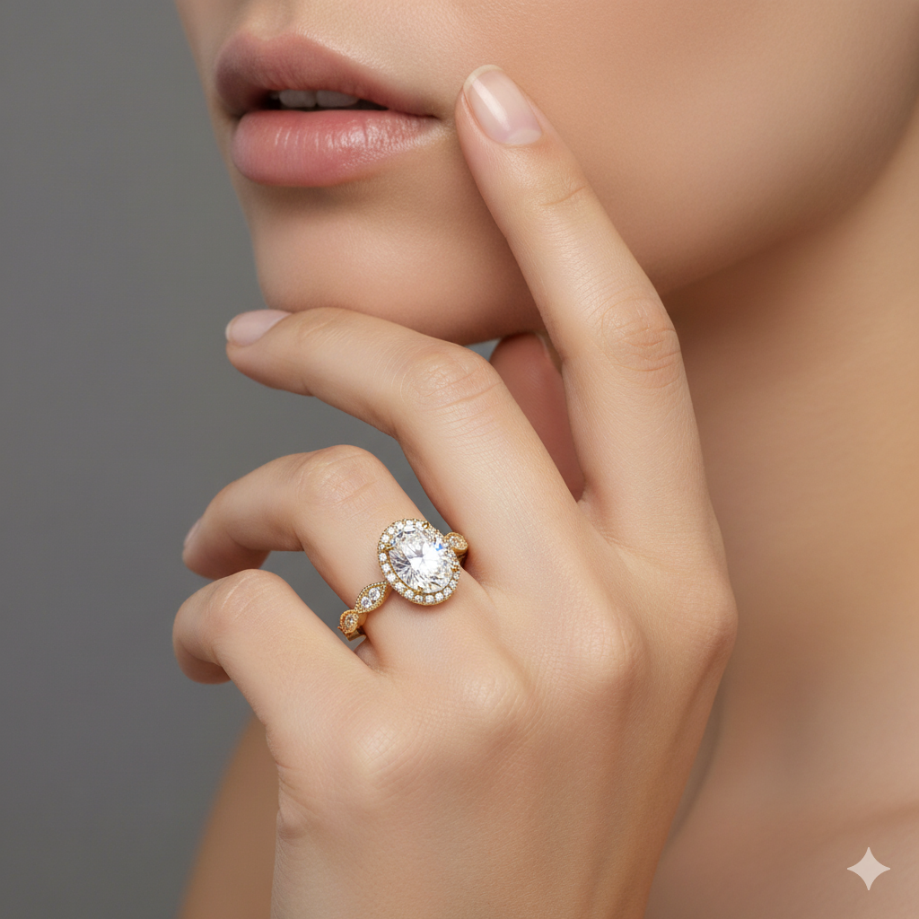 1.450ct Art Deco Oval Cut Halo Moissanite Engagement Ring 14K Solid Gold