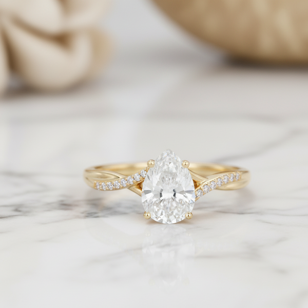 1.330ct Unique Pear-Shaped Moissanite Engagement Ring 14K Solid Yellow Gold