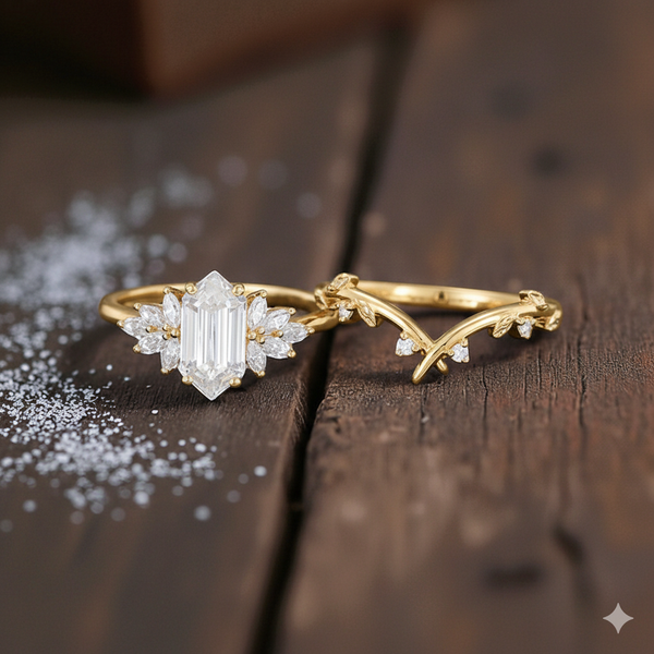 1.350CT Vintage Hexagon Moissanite Engagement Ring Set