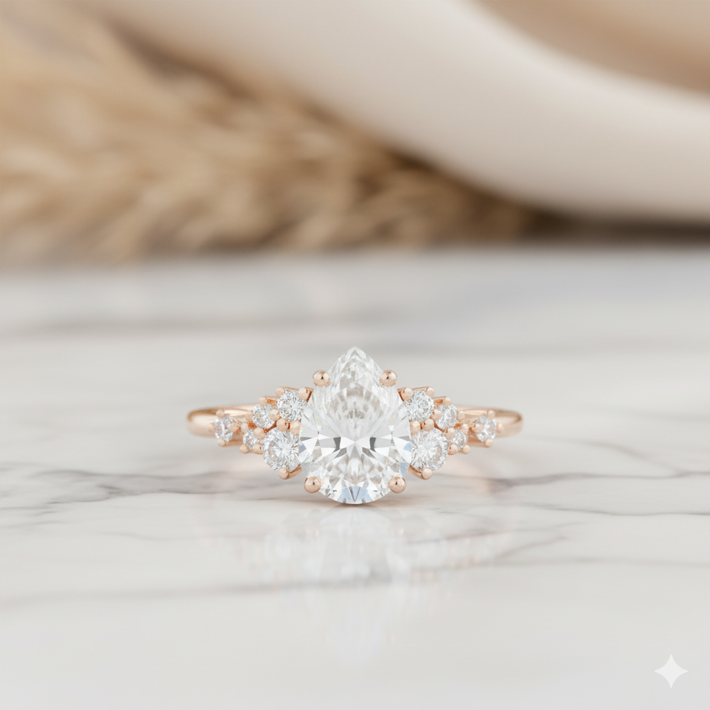 1.450ct Pear Shaped Moissanite Engagement Ring • Vintage Yellow Gold Cluster Ring