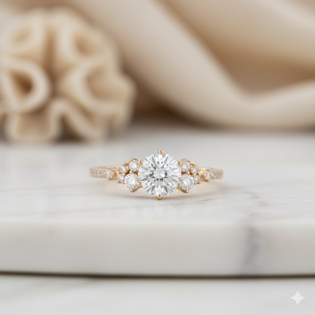 1.300CT Unique Round Cut Moissanite Engagement Ring 14k Yellow Gold