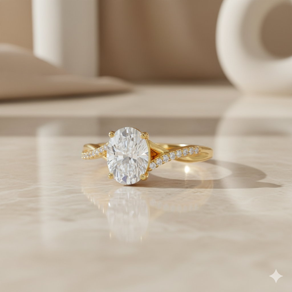 2.50CT Oval Cut Moissanite Engagement Ring • Dainty Twist Split Shank Ring