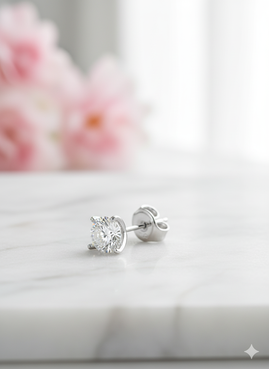 1/2 Carat Round Moissanite Stud Earrings • 14K Yellow Gold Dainty Solitaire Earrings
