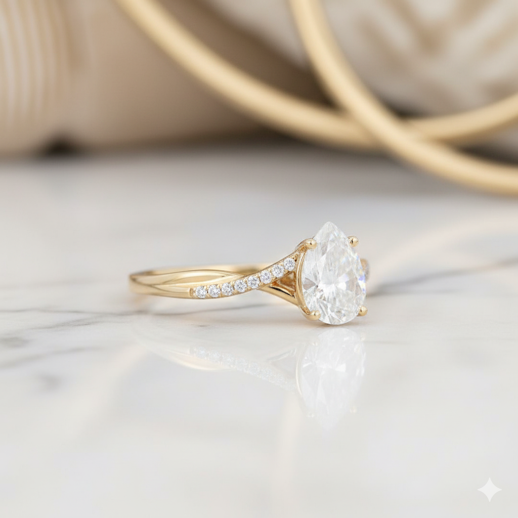 1.330ct Unique Pear-Shaped Moissanite Engagement Ring 14K Solid Yellow Gold