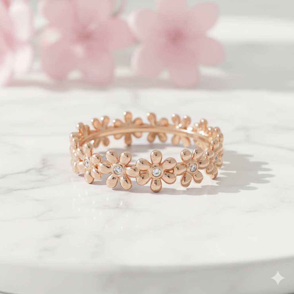 Dainty Daisy Eternity Ring , 14K Solid Gold Floral Moissanite Wedding Band