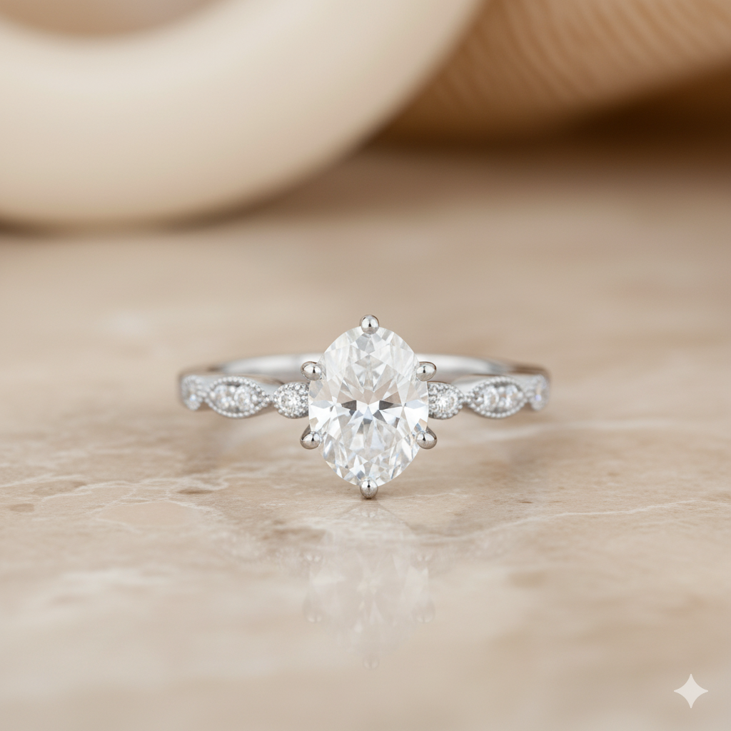 1.330ct Oval Moissanite Engagement Ring • Vintage Milgrain Bridal Ring