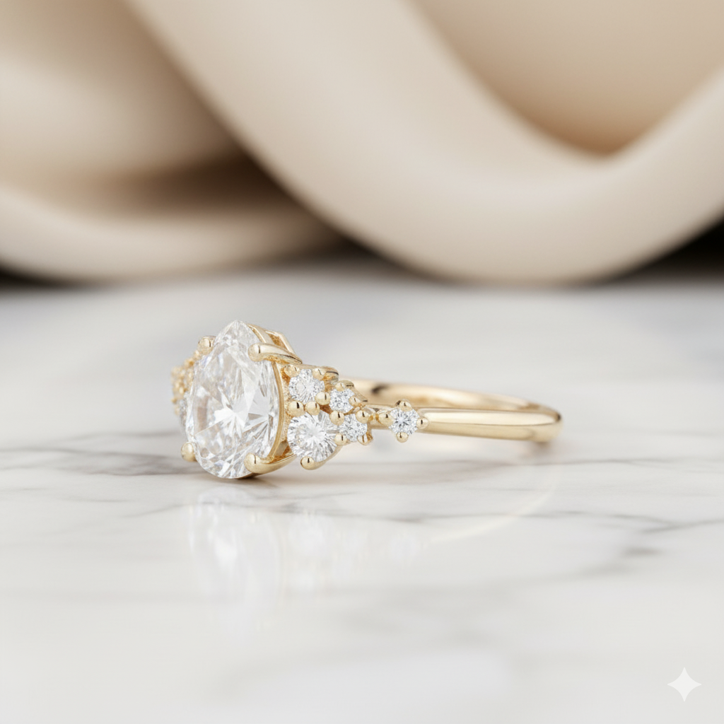 1.450ct Pear Shaped Moissanite Engagement Ring • Vintage Yellow Gold Cluster Ring