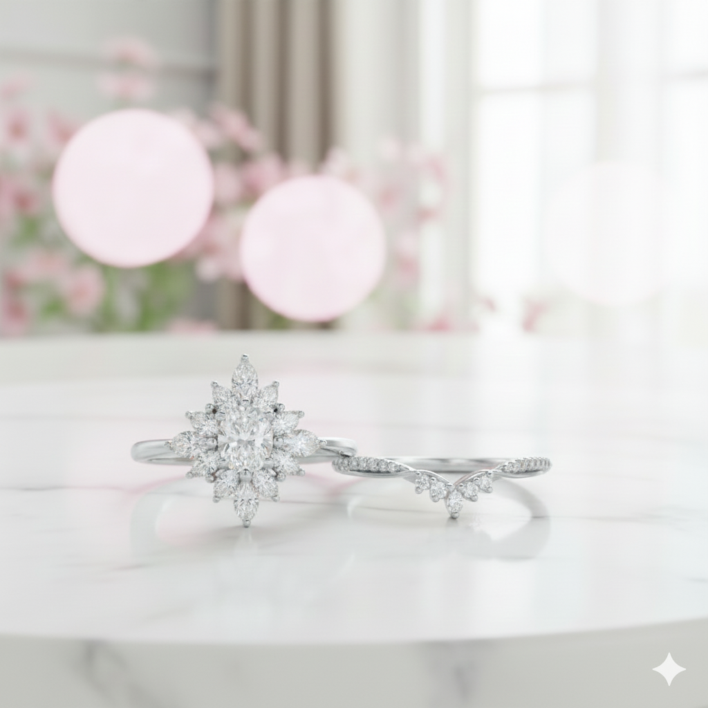 1.10 Ct Oval Cut Moissanite Bridal Ring Set • Vintage Marquise Cluster Engagement Ring