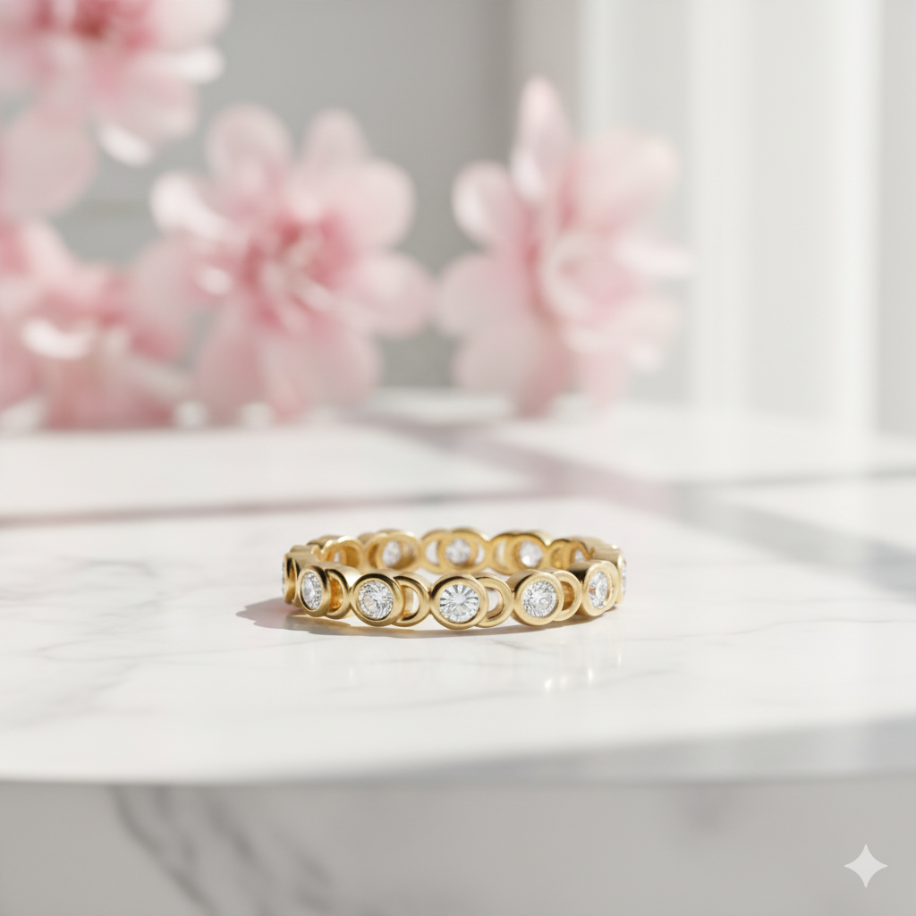 Moissanite Eternity Band • 14K 18K Solid Gold Bezel Set Wedding Ring