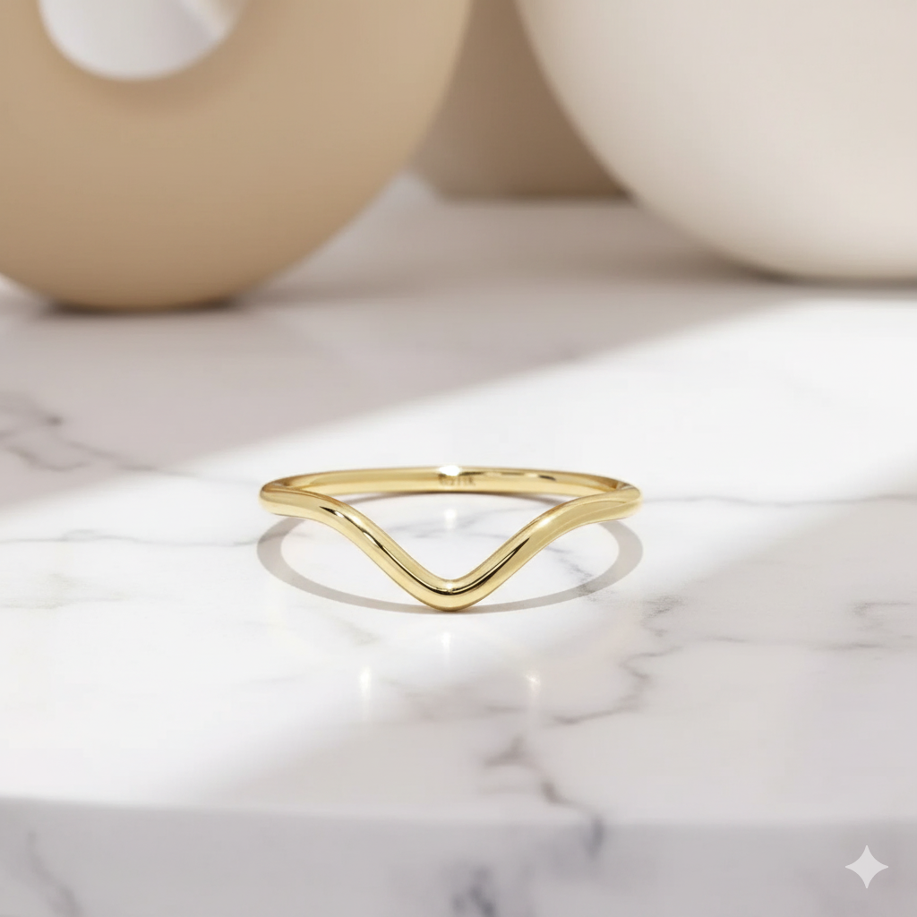 14K Yellow Gold V-Shaped Ring Minimalist Chevron Band • Stacking Ring for Women