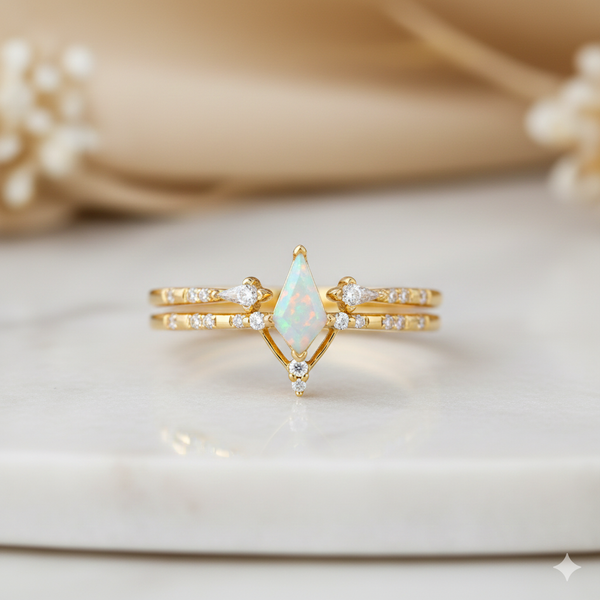 0.725ct Kite Cut Opal Engagement Ring Set