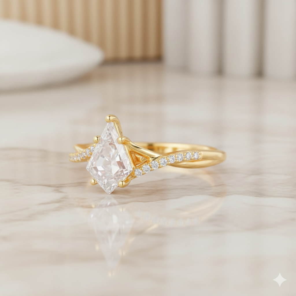 1.330ct Kite Shaped Moissanite Engagement Ring • Unique Twist Split Shank Ring