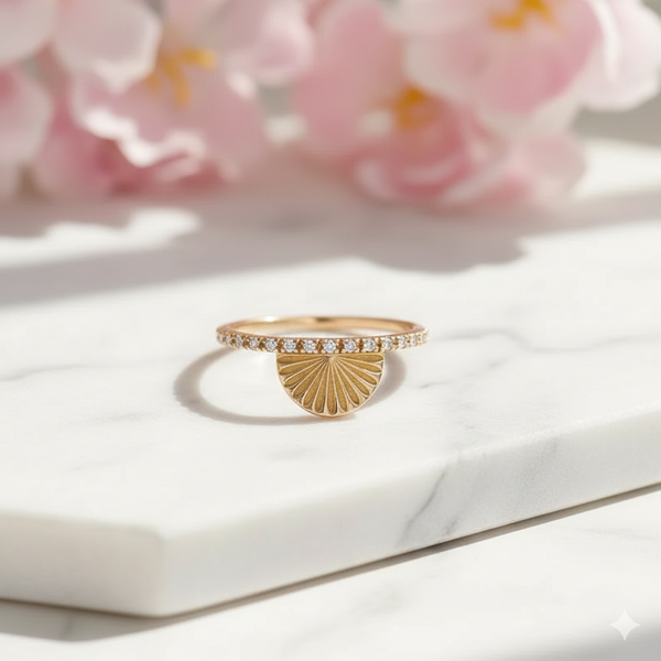 14K Solid Gold Moissanite Sun Ring • Sunburst Half Eternity Band