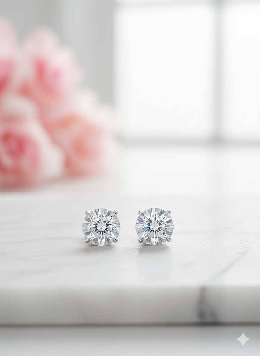 1/2 Carat Round Moissanite Stud Earrings • 14K Yellow Gold Dainty Solitaire Earrings