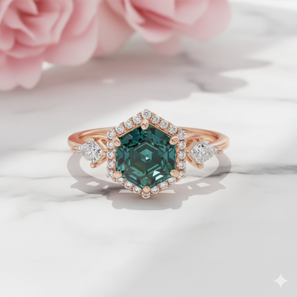 1.320ct Teal Sapphire Hexagon Engagement Ring • Blue Green Hexagon Cut Ring