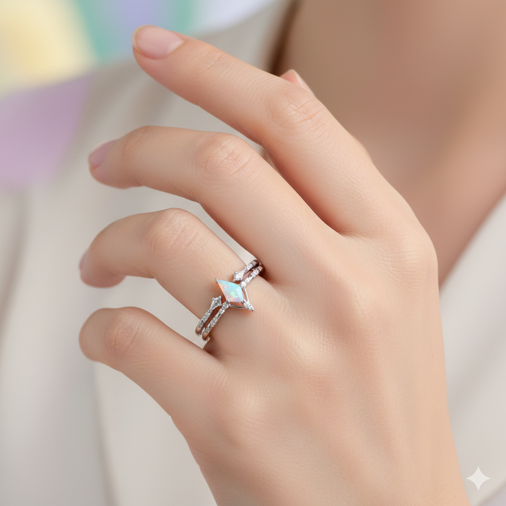 0.725ct Kite Cut Opal Engagement Ring Set