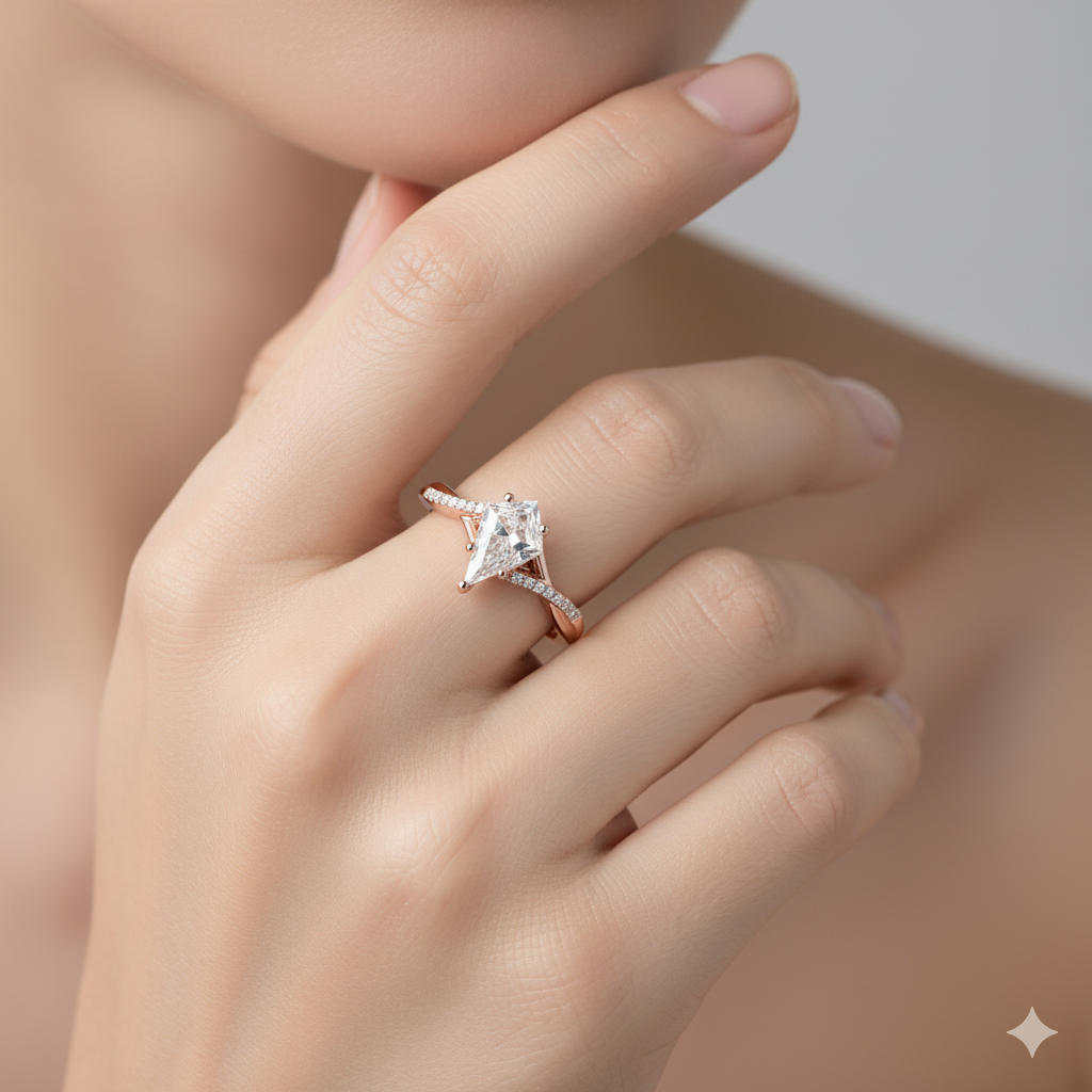 1.330ct Kite Shaped Moissanite Engagement Ring • Unique Twist Split Shank Ring