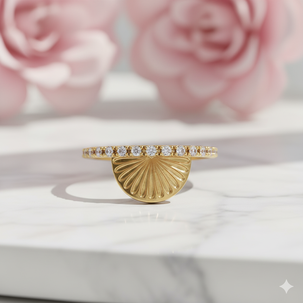 14K Solid Gold Moissanite Sun Ring • Sunburst Half Eternity Band