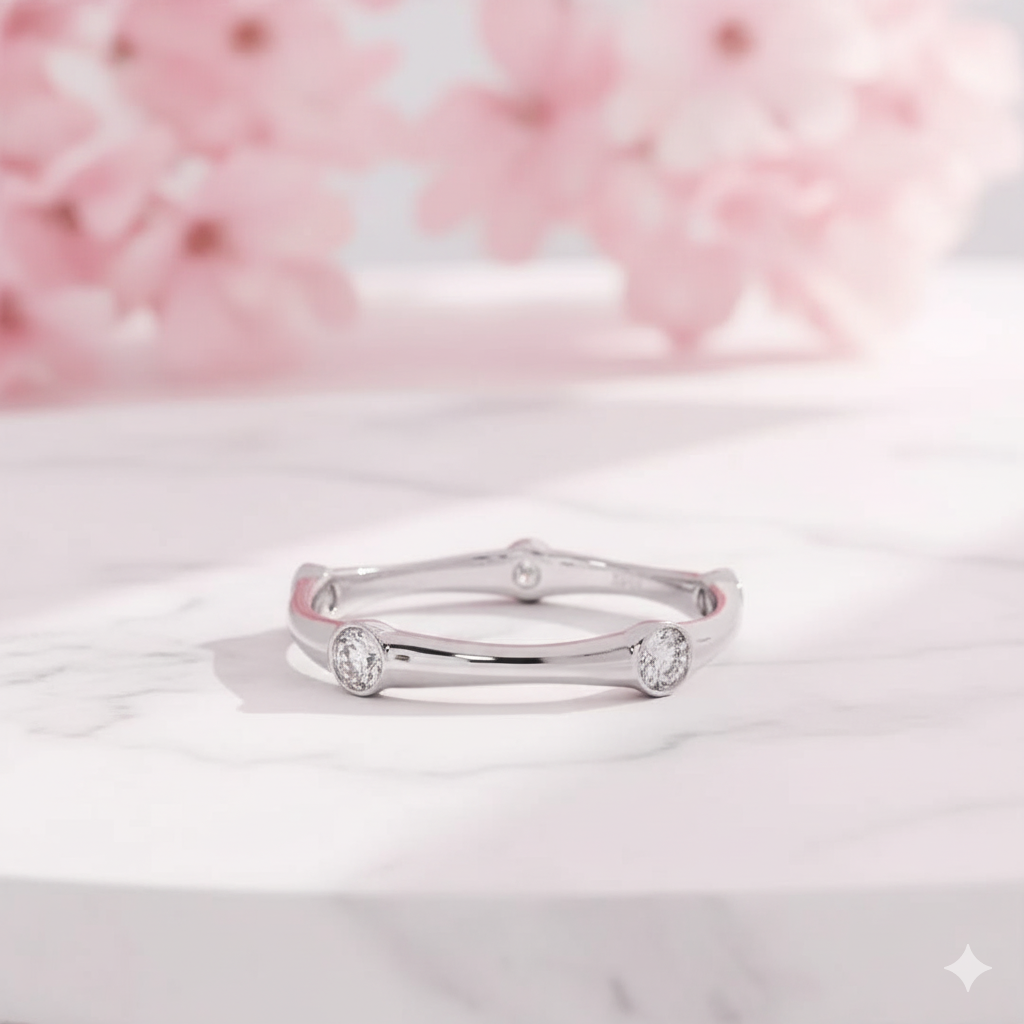 Moissanite Stacking Ring • Solid Gold Bezel Set Band for Women