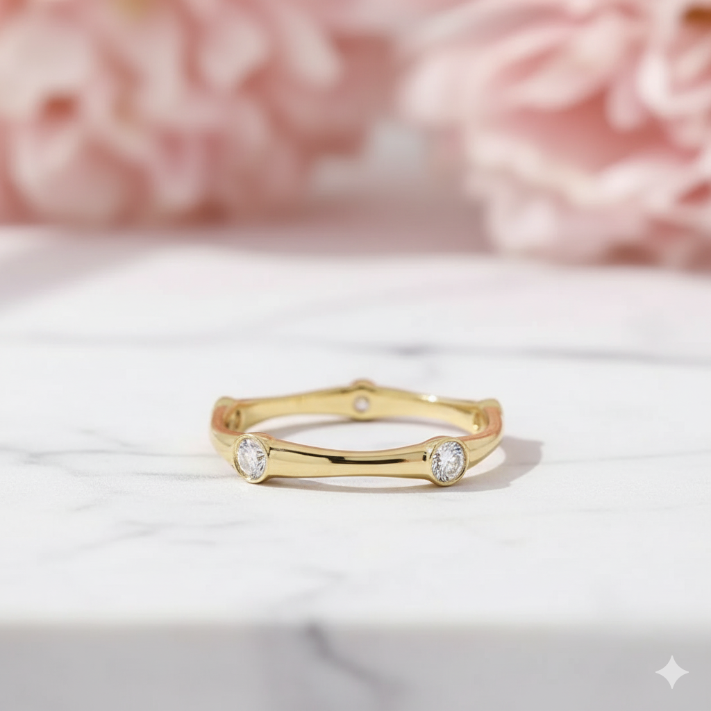 Moissanite Stacking Ring • Solid Gold Bezel Set Band for Women