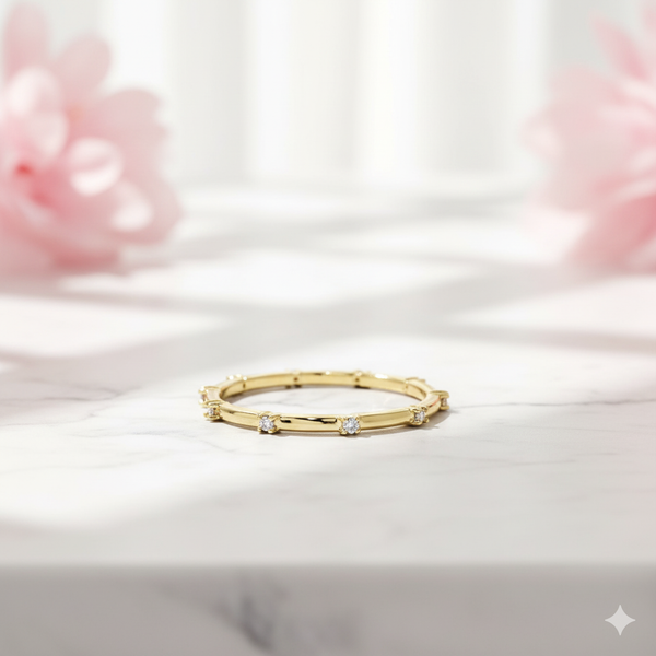 14K Solid Yellow Gold Beaded Moissanite Rosary Ring