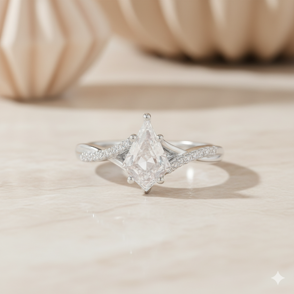1.330ct Kite Shaped Moissanite Engagement Ring • Unique Twist Split Shank Ring