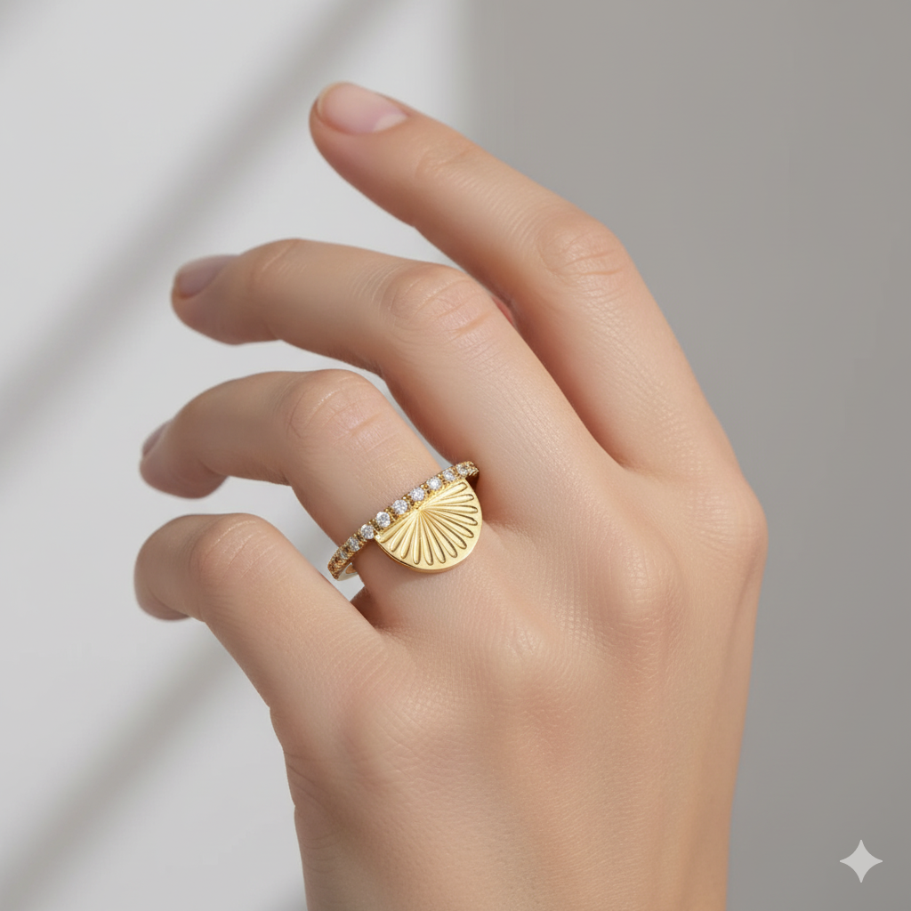 14K Solid Gold Moissanite Sun Ring • Sunburst Half Eternity Band