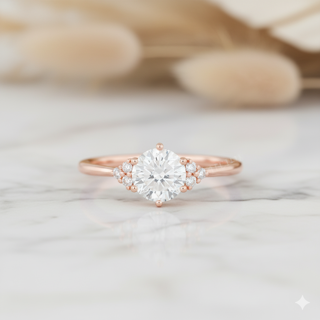 1.06ct Round Cut Moissanite  Cluster Engagement Ring 14K Solid Yellow Gold