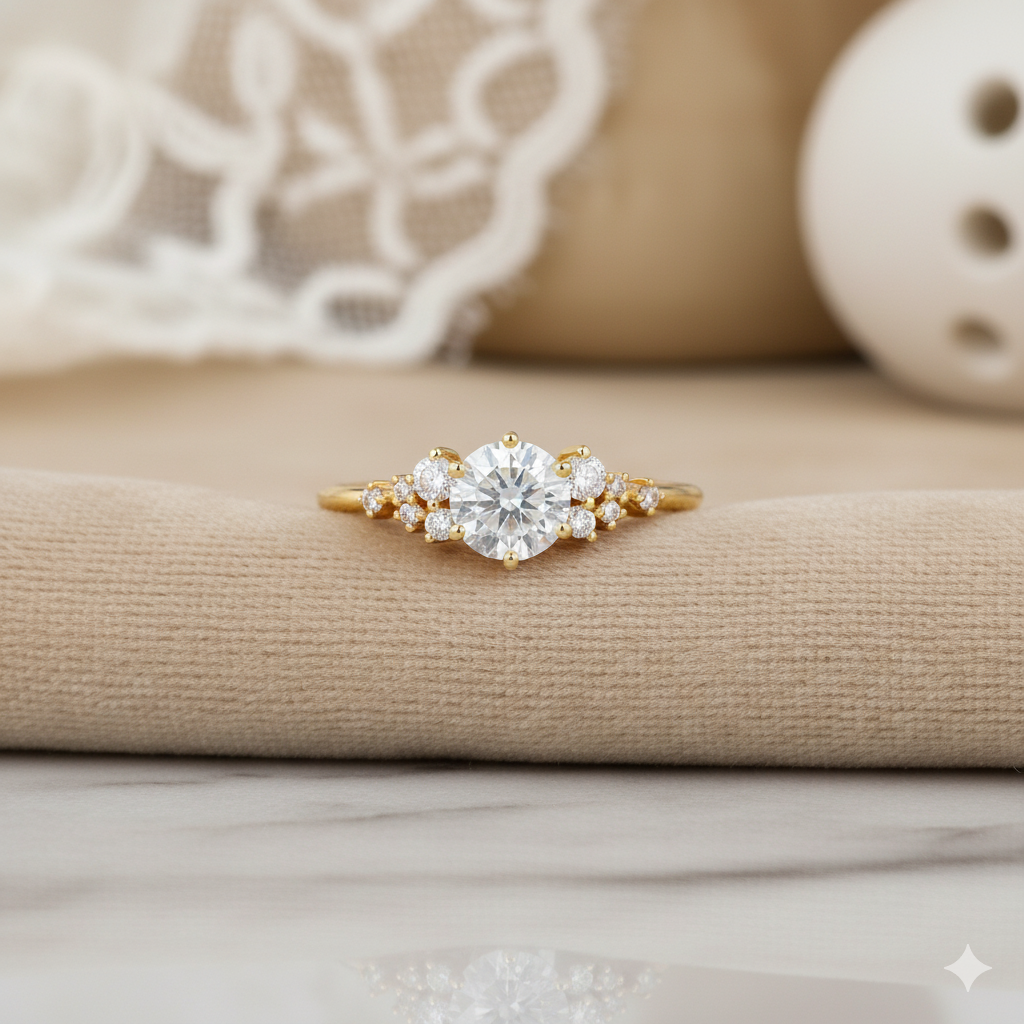 1.20 ct Round Moissanite Cluster Engagement Ring 14K Yellow Gold