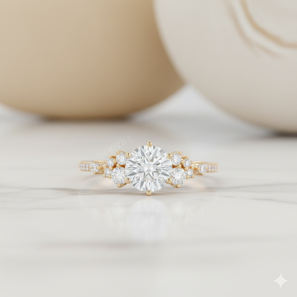 1.300CT Unique Round Cut Moissanite Engagement Ring 14k Yellow Gold