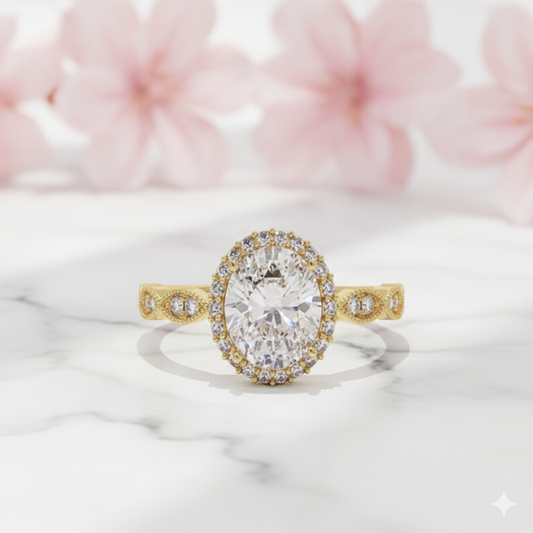 1.450ct Art Deco Oval Cut Halo Moissanite Engagement Ring 14K Solid Gold