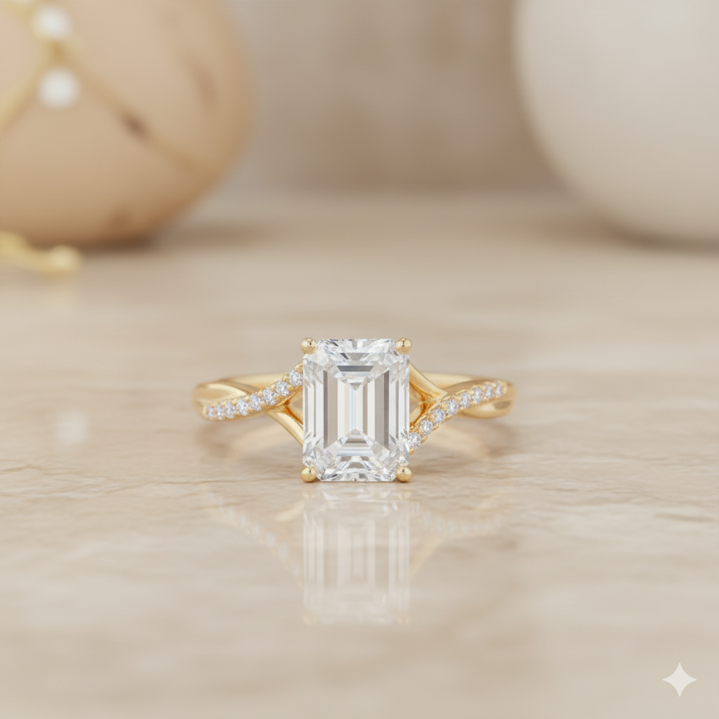 1.330ct Emerald Cut Moissanite Engagement Ring Twist Split Shank Ring