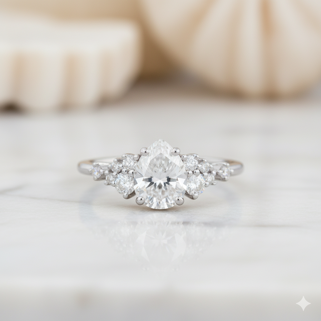 1.450ct Pear Shaped Moissanite Engagement Ring • Vintage Yellow Gold Cluster Ring