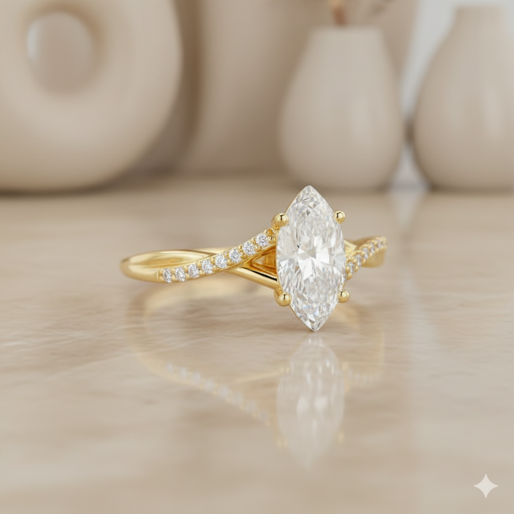 1.08ct Marquise Moissanite Engagement Ring • Rose Gold Split Shank Diamond Ring