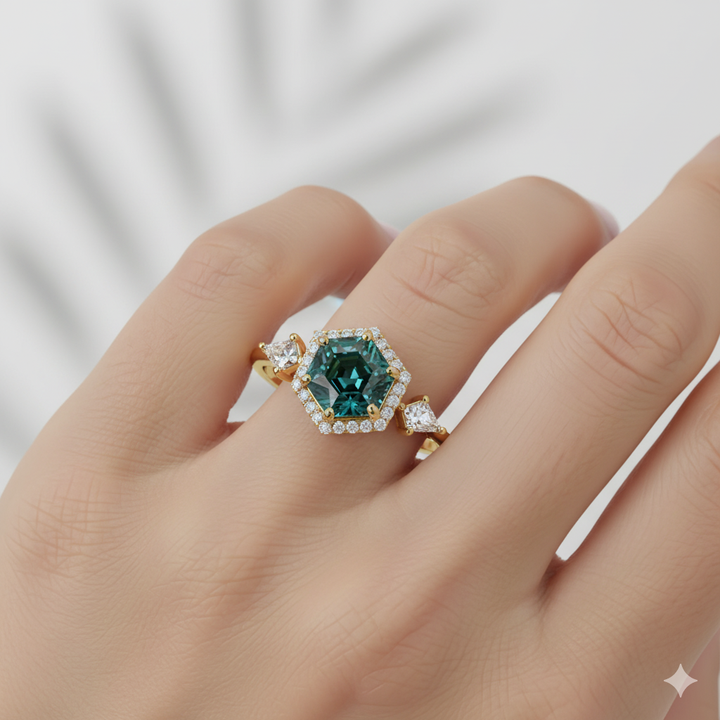 1.320ct Teal Sapphire Hexagon Engagement Ring • Blue Green Hexagon Cut Ring