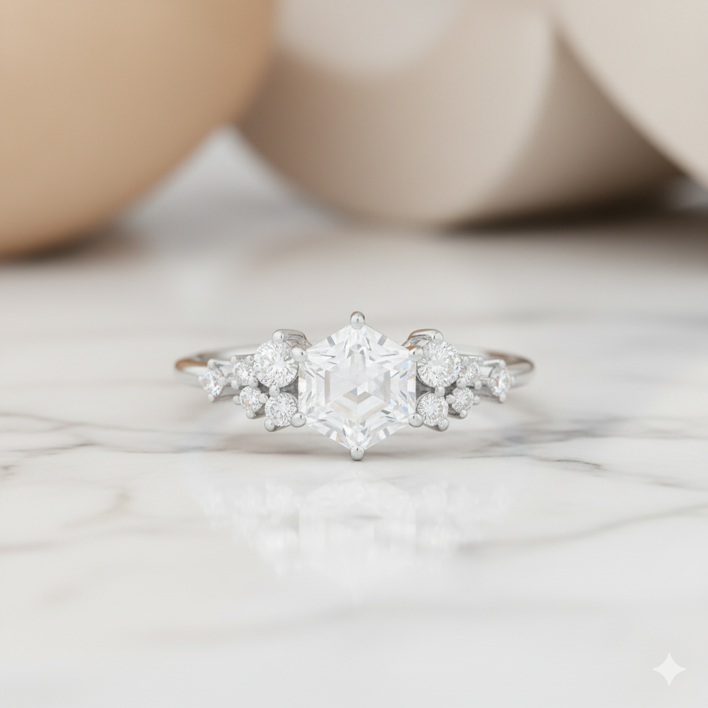 1.200CT Vintage Hexagon Cut Center Stone • Diamond Cluster Bridal Ring