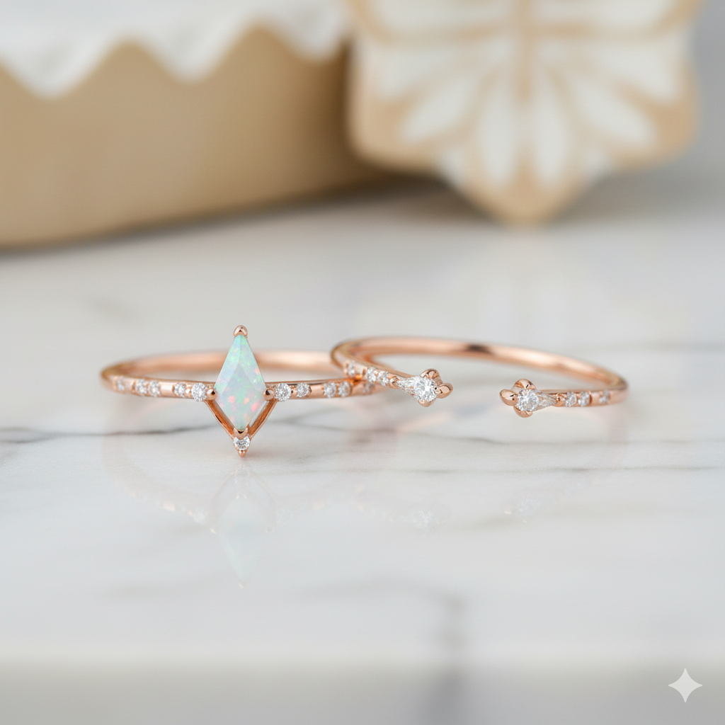 0.725ct Kite Cut Opal Engagement Ring Set