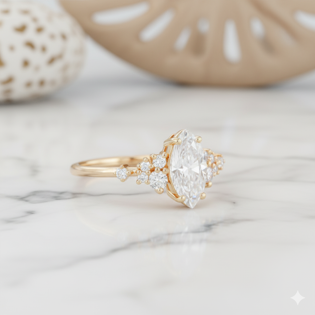 1.20 ct Marquise Cut Moissanite Engagement Ring Vintage Cluster Design