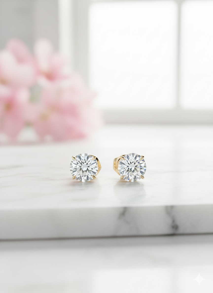 1/2 Carat Round Moissanite Stud Earrings • 14K Yellow Gold Dainty Solitaire Earrings